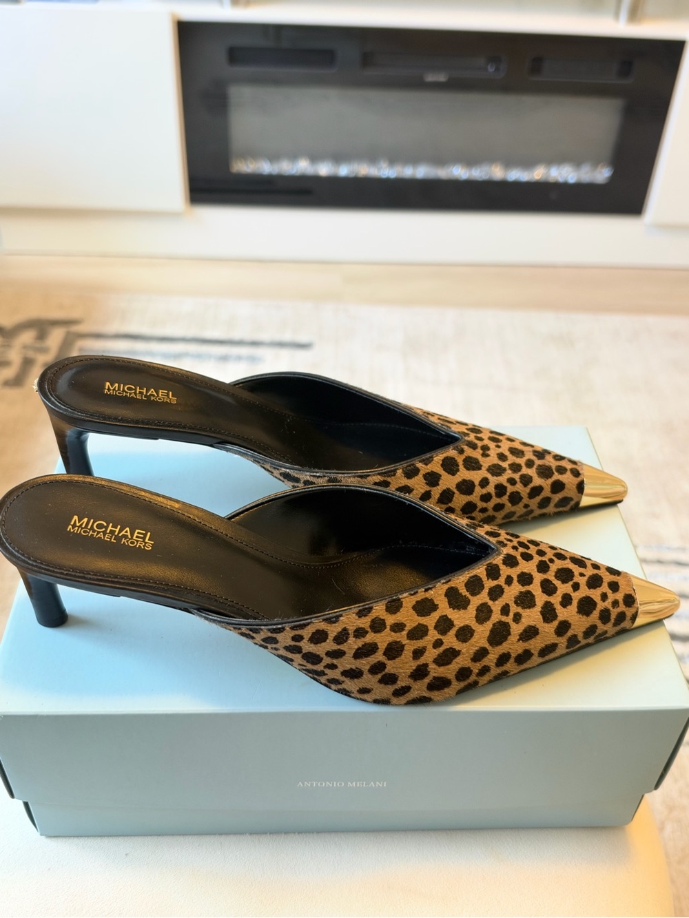 NEW MICHAEL Michael Kors Leopard-Print Pointed Toe Mules with Gold Cap